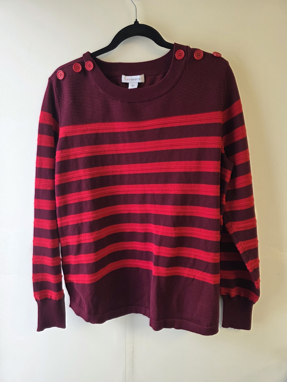 Liz Claiborne Burgundy and Red Striped Button-Shoulder Sweater